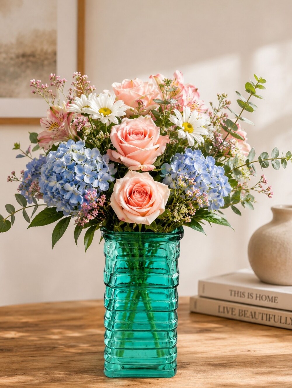 Turquoise Glass Ribbed Vase — Home Accents